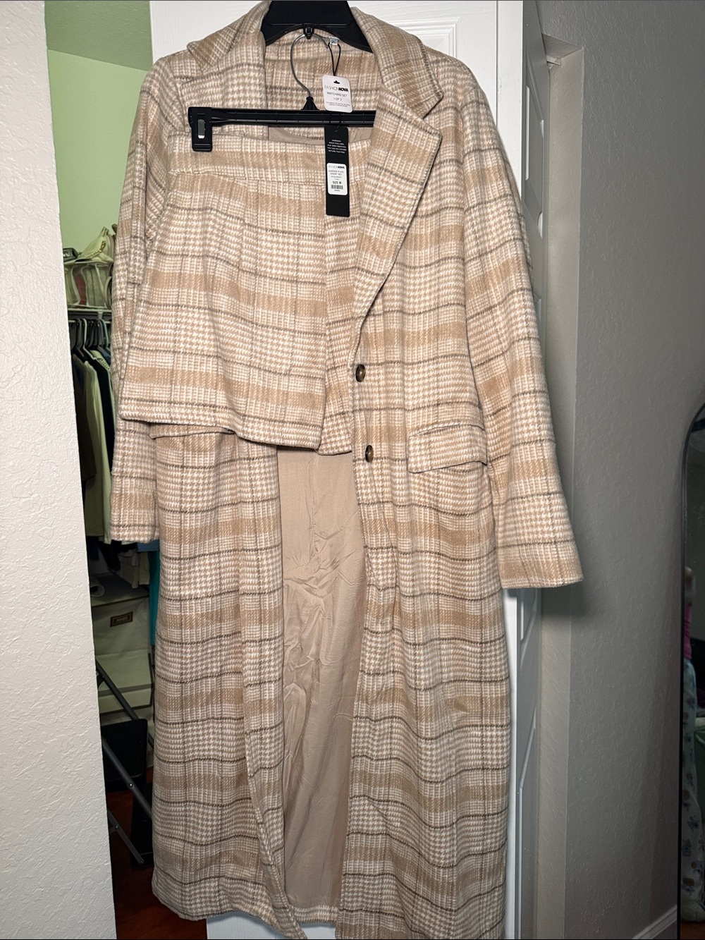 Fashion Nova Beige Plaid Long Coat Jumpsuit Set